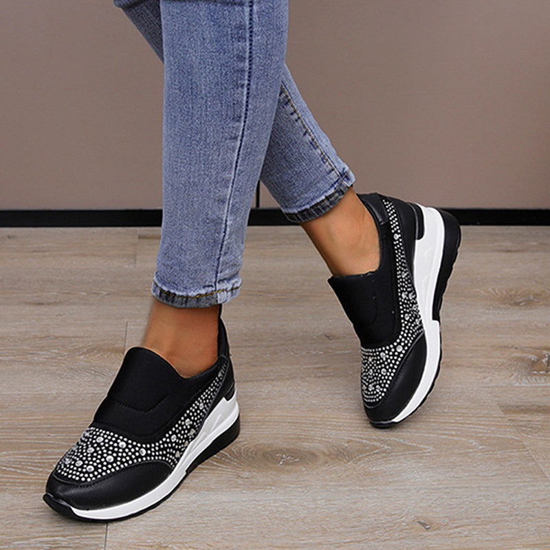 Rhinestone Wedges Flats Shoes Women Inner Height Increasing Shoes Sneakers