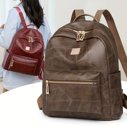 Chic Waterproof PU Backpack with Adjustable Straps - Spacious Multi-Pocket Design for Daily Commute, Shopping &amp; Vacation