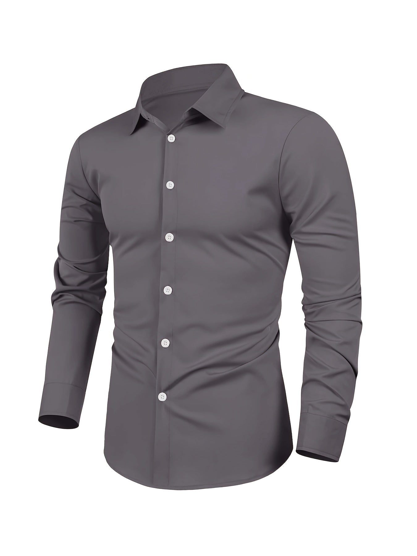 Men’s Classic Lapel Collar Shirt - Easy Care, Regular Fit, Long Sleeve, Solid Polyester with Button Detail