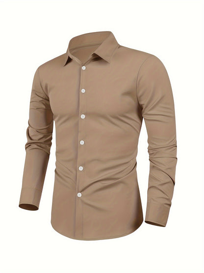 Men’s Classic Lapel Collar Shirt - Easy Care, Regular Fit, Long Sleeve, Solid Polyester with Button Detail