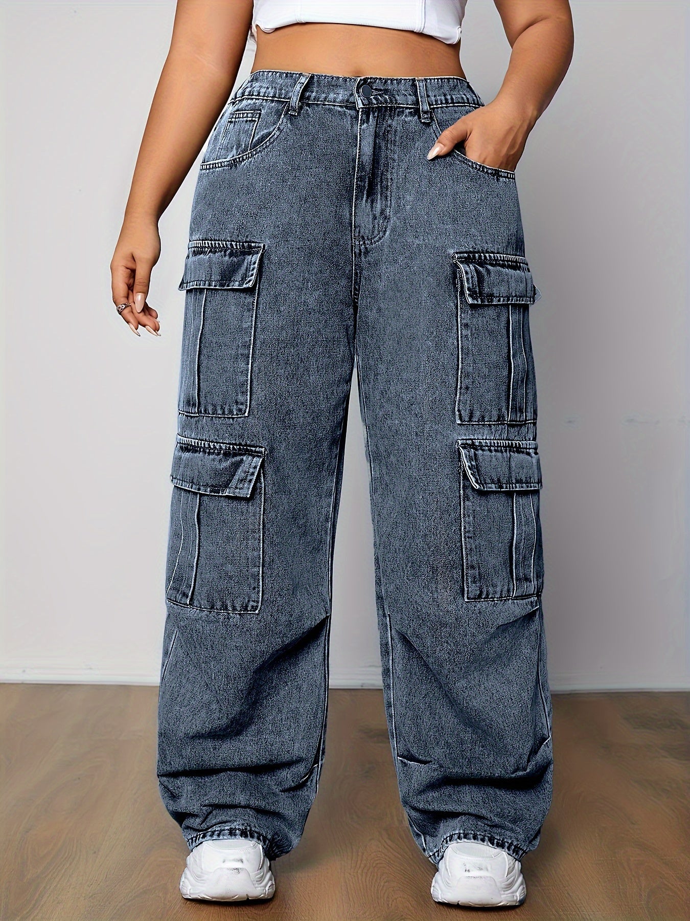 Stylish Plus Size Cargo Jeans - Loose Fit Denim Pants with Multi-Pocket Design, Side Flap Pockets, and Streetwear Style - Women&