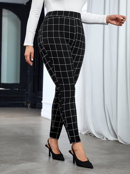 Chic Plus Size Grid-Patterned Skinny Pants - Stretch High-Waist Trousers for Women, Comfort-Fit for Daily Wear