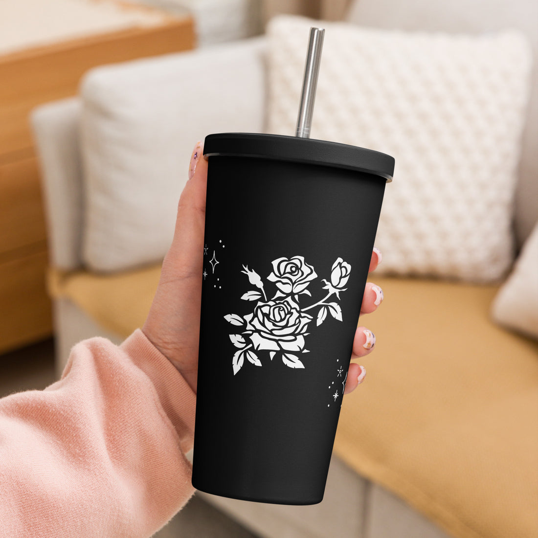 White Floral Insulated tumbler with a straw
