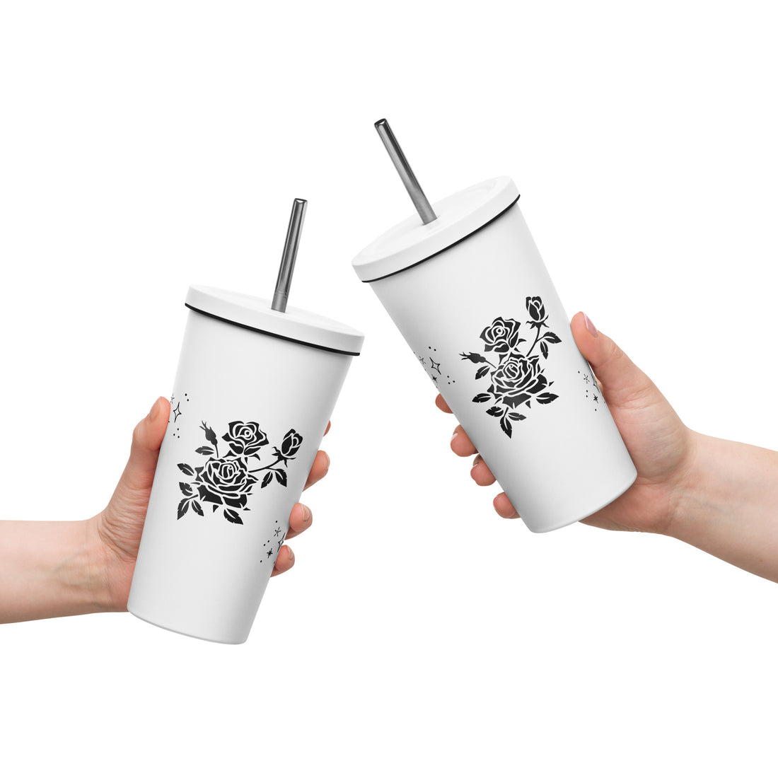 Black Floral Insulated tumbler with a straw